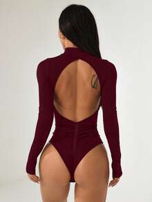 Dewbera Fashionable Solid Color Versatile Mock Neck Long Sleeve Jumpsuit, Autumn - Burgundy - View 7