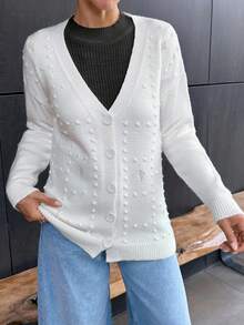 EURMUSE Women Floral 3d Embroidery Detailed Button Front Drop Shoulder Loose Fit Cardigan - Beige - View 7