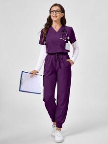 TaskEZ V-Neck Short Sleeve Top And Pocketed Pants Scrub Uniform Set - Purple - View 5
