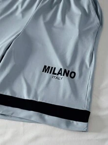 SHEIN Genkimix Kids 男童休闲运动日常宽松圆领短袖字母印花T恤和松紧腰宽松字母印花短裤两件套，男童篮球服，夏季 - 藍色 - 查看 4