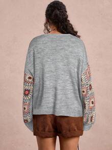 Freevana Plus Size Applique Knot Decor Round Neck Casual Versatile Long Sleeve Cardigan/Winter - Grey - View 2