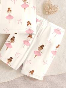 SHEIN 女婴芭蕾舞女演员图案休闲修身圆领柔软短袖短裤睡衣套装，舒适贴身 - 彩色 - 查看 4