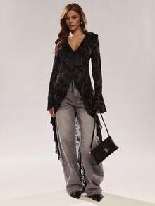 Glamine Áo khoác dài nhẹ, thanh lịch, xếp ly, ren mỏng, kiểu dáng lãng mạn cho nữ, áo kiểu phương Tây, ren nhung, áo Halloween cho nữ, trang phục thường ngày thanh lịch mùa thu/đông cho nữ. - màu đen - Xem 3