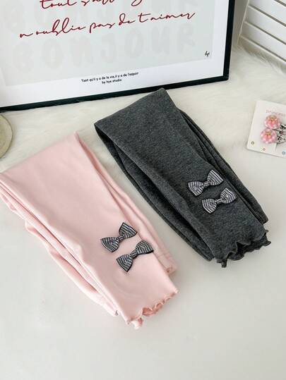 Genkimix Kids 2条装女童蝴蝶结装饰舒适弹力腰打底裤，粉色和深灰色组合，百搭日常穿着