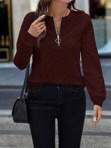 EMERY ROSE Women's Knitted Textured Front Zip Round Neck Sweatshirt In White,Fall,Fall Clothes For Women - Red - View 5