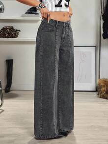 Jeanoix 女士复古直筒宽松休闲时尚百搭中腰牛仔裤 - 黑色 - 查看 5