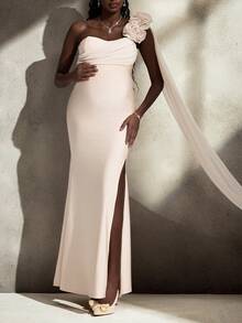 Cheriluna Maternity Elegant, Romantic, Dignified, Chiffon Fabric, Ruffle, Strapless, Waist, Front Slit, Flowing Sleeves, Train Maternity Photography Dress, Gown - Apricot - View 3