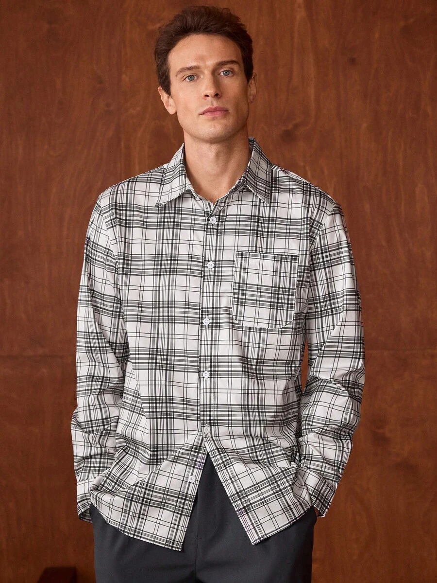 Officeau 男士休闲格子拼接口袋宽松长袖衬衫，适合秋冬季节穿着。 - 彩色 - 查看 1