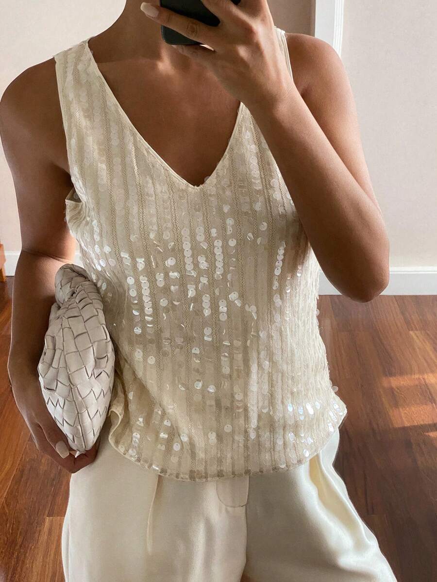 Livesso 闪亮亮片吊带背心，时尚派对吊带背心，适合新年、圣诞节、婚礼、宴会、舞会、秋冬季闪亮上衣 - 香檳色 - 查看 1