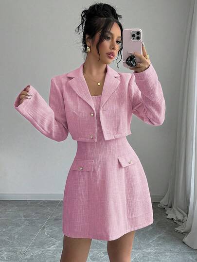 Elenzga 2pcs/Set Women Tweed Short Jacket + Tube Top Mini Dress