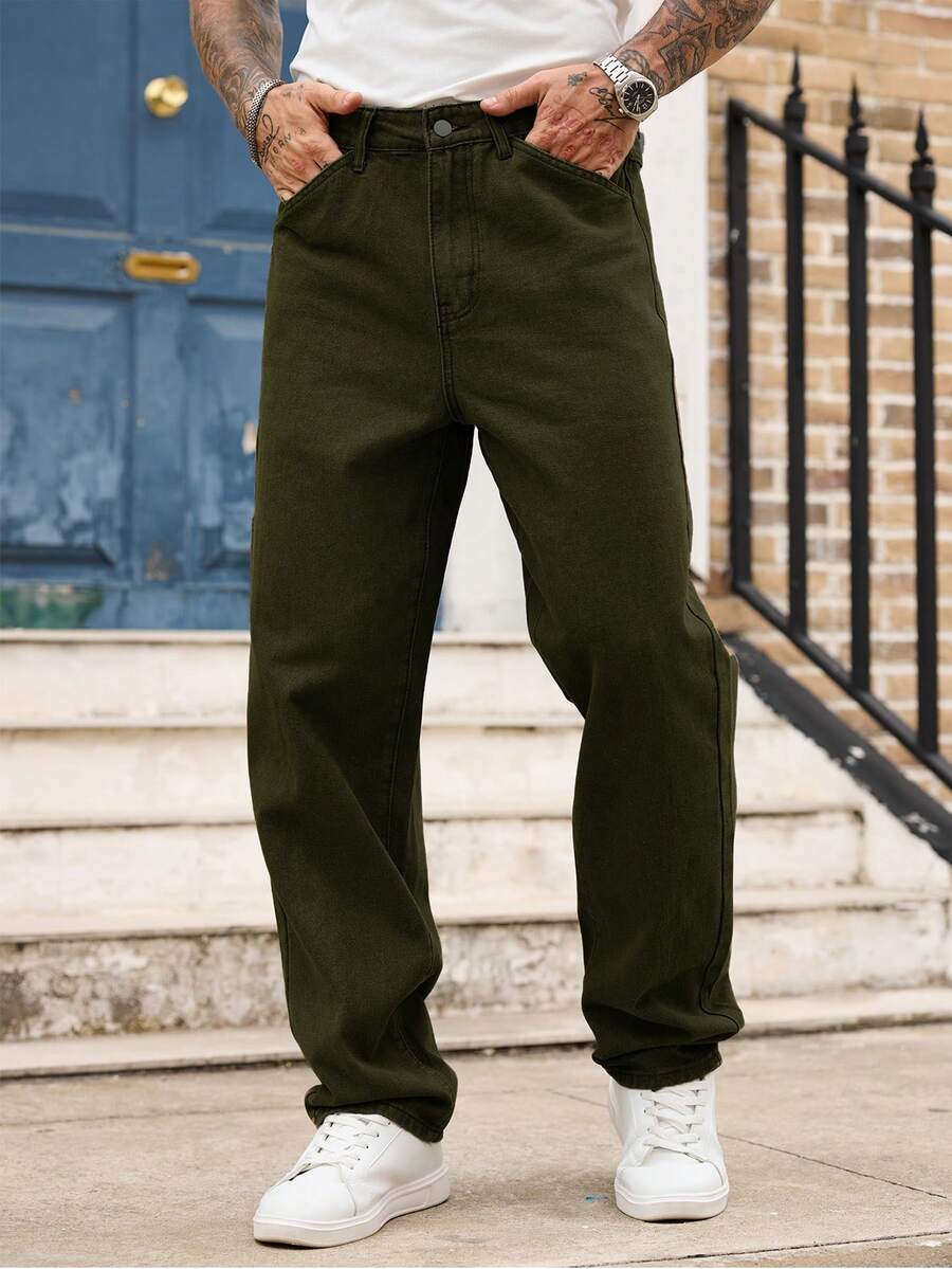 Manfinity Homme Quần jean ống đứng đơn sắc bỏ túi thường ngày dành cho nam - xanh quân đội - Xem 1