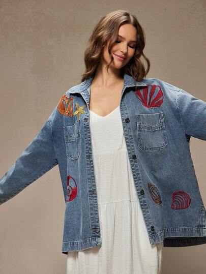 WESTFADE Collared Button Front Long Sleeve Lobster & Seashell Embroidered Oversized Premium 91% Cotton Denim Shirt Jacket Cowgirl Jean Shacket Casual Cute Boho, Fall, Autumn, Winter, Country Concert, Western Wear For Women