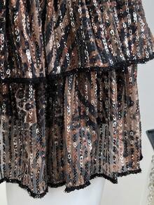 Elamini Chân váy ngắn mùa hè đính sequin họa tiết da báo với nhiều tầng bèo nhún – Lý tưởng cho tiệc năm mới và Giáng sinh. - màu nâu - Xem 4