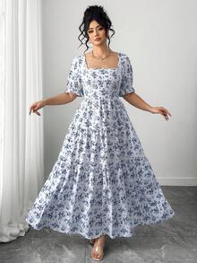 Elenzga New, Plus Size Floral Print Elegant Women's Dress - Multicolor - View 3