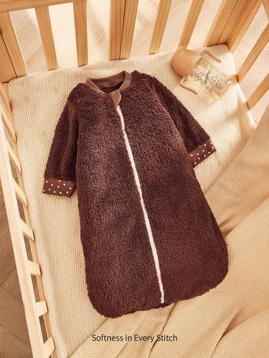 Cozy Pixies 1件婴儿睡袋,加厚双面绒面料,长袖带荷叶边袖口 - 棕色 - 查看 1