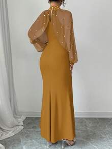 Elenzga Robe sirène avec col perlé élégant, tenue maxi femme pour l'automne - Orange - Voir 2