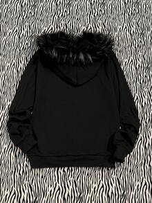 Attitoon 女士休闲复古前拉链毛领连帽卫衣，适合秋冬季穿着 - 黑色 - 查看 4