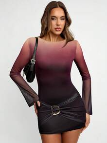 Avenya Váy dệt kim tay loe xếp ly họa tiết nhuộm loang màu ở eo - Nhiều màu - Xem 5