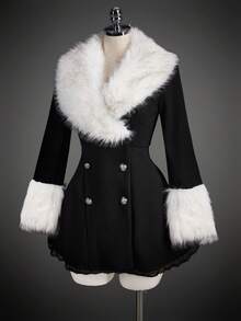 SHEIN ICON Women's Autumn/Winter Fashion Patchwork Faux Fur Double-Breasted Lace Trim Padded Coat - Black and White - View 9