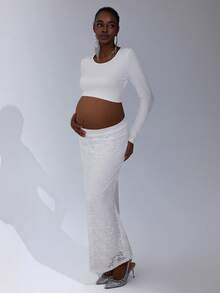 Cheriluna Maternity Maternity Lace Long Sleeve Maxi Dress, 2pcs Set For Pregnancy Photo Shoot - White - View 3