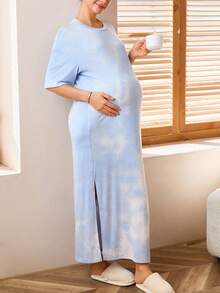 SHEIN Tie-Dye Drop Shoulder Casual Maternity Dress Lingerie Lingerie Set Underwear Women Pajama Pajama Dress Loungewear Nightgown Robe Sleepwear Sleepwear Set Tank Top With Bra Maternity Gown Baby Blue Maternity Dress Pregnant Dress Gender Reveal Maternity Dress Sleep Wear Women Maternity Clothes Maternity Wear Sleepwear Women - Blue - View 2
