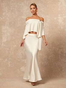 Lumalex 女士金属装饰露肩不对称下摆上衣 - 杏色 - 查看 4