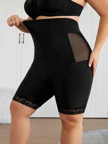 SHEIN CURVE+ Plus Size Women Solid Color Mesh Patchwork High Waist Shaping Shorts/2026 /New Year Women Curve Plus Clothing