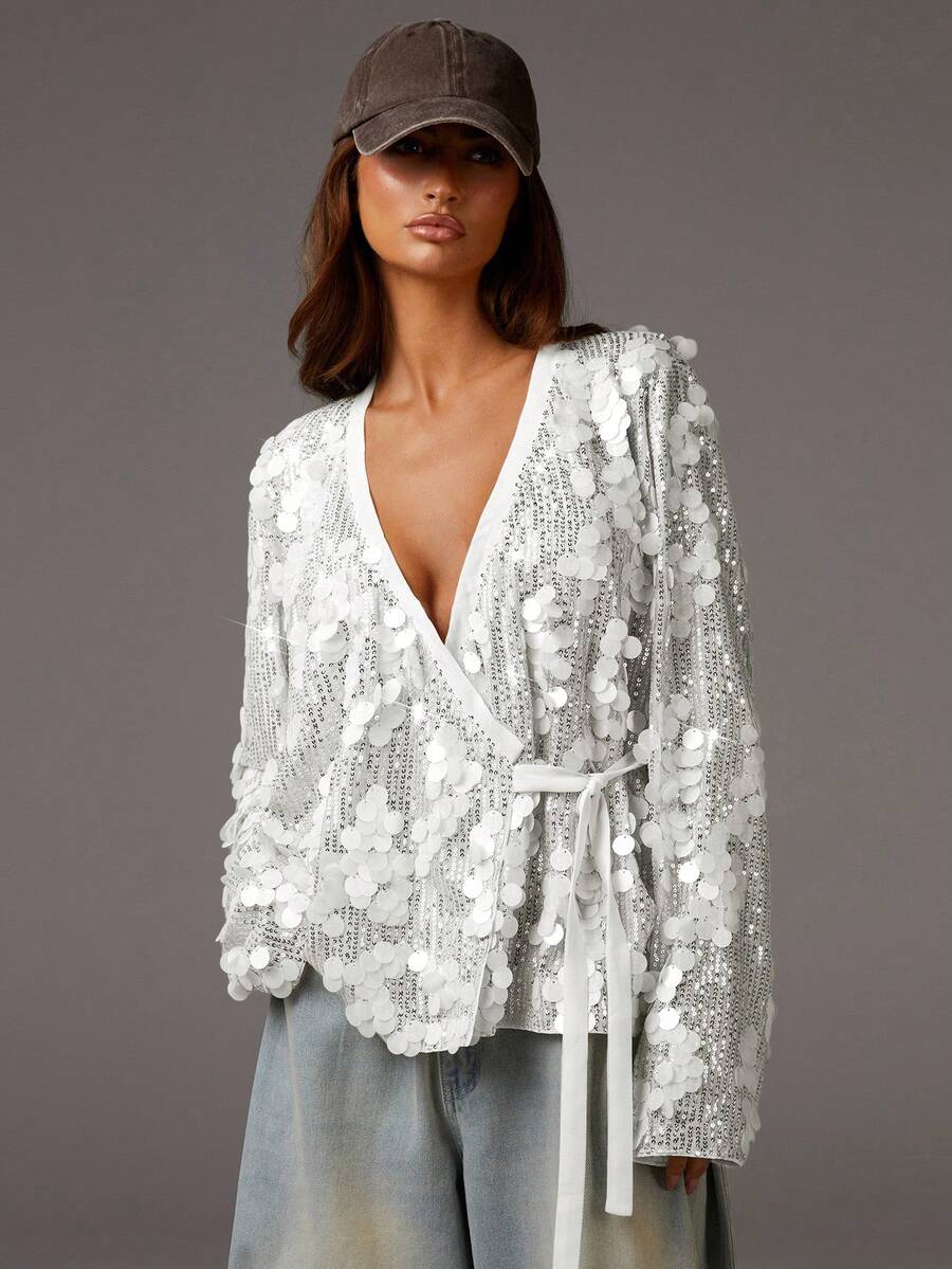 Athîral Blouse à manches longues pour femmes, col en V, croisée, avec nœud devant, couleur unie - Blanc - Voir 1