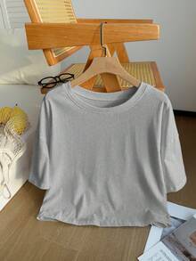 Comfortcana Light Gray Solid Color Dropped Shoulder Casual Plus Size T-Shirt - Light Grey - View 4