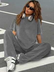 Muchica Casual Round Neck Short Sleeve Straight Leg Pants Set, Distressed Washed Relaxed Fit, Autumn/Winter