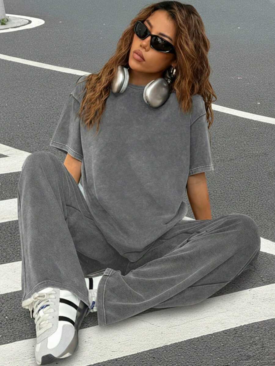 Muchica Casual Round Neck Short Sleeve Straight Leg Pants Set, Distressed Washed Relaxed Fit, Autumn/Winter