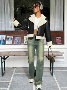 SHEIN EZwear Damska kurtka z futrzanym wykończeniem i kołnierzem garniturowym na jesień/zimę