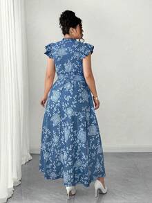 Elenzga Elegant Blue Floral Midi Dress For Women Stand Collar Ruffle Cap Sleeve A Line Flared Random Print Plus Size - Blue - View 2