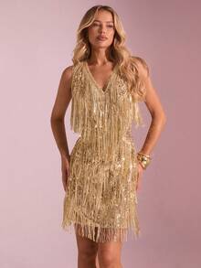 SHEIN Glamour Đầm ngắn màu vàng kim đính sequin, có tua rua và khóa kéo phía sau, phù hợp cho các dịp tựu trường, dạ hội, đêm giao thừa, ngày Valentine, lễ kỷ niệm ngày Quốc khánh 4 tháng 7 và các bữa tiệc cocktail. - Vàng - Xem 3