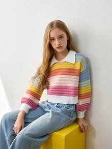 Áo len chui đầu cổ lọ sọc nhiều màu dáng rộng thường ngày cho bé gái tuổi mới lớn, dày dặn, thích hợp cho các hoạt động ngoài trời, tiệc tùng và đi chơi thường ngày - Nhiều màu - Xem 8