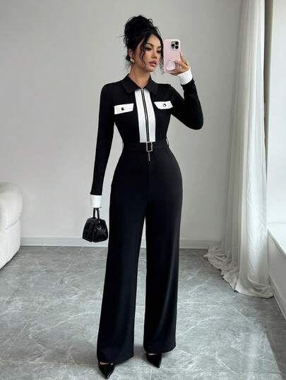 Rafferiza French New Elegant Commuter Belted Fitted Colorblock Black & White Jumpsuit, Autumn/Winter Black And White Jumpsuit Long Sleeve Jumpsuits For Woman Elegant Jumpsuit Pantsuit For Women Sexy Jumpsuit