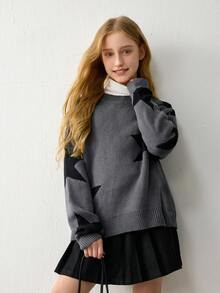 少女时尚酷炫五角星毛衣，宽松舒适圆领长袖针织上衣，灰色和黑色 - 黑色 - 查看 4