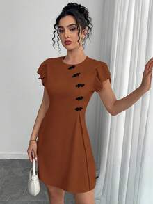 SHEIN ChicEase Đầm ngắn tay cài nút phong cách Trung Hoa cổ điển - Rỉ Nâu - Xem 7
