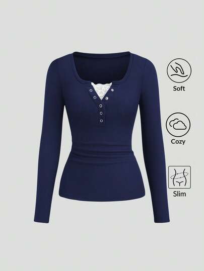 Sweetra Damen Einfarbiges Langarm T-Shirt mit Spitzen-Ösen-Besatz, Halb-offener Manschette, Herbst