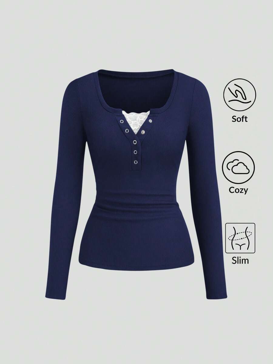 Sweetra Kaos Lengan Panjang Wanita Warna Polos dengan Hiasan Renda Lubang-lubang Kecil, Manset Setengah Terbuka, Musim Gugur - Navy Blue - View 1