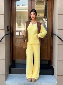 SHEIN EZwear 女士秋冬休闲黄色针织裤 - 黃色 - 查看 6