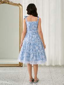 优雅碎花公主裙，无袖，方领，中长款，时尚少女连衣裙 - 藍色 - 查看 2