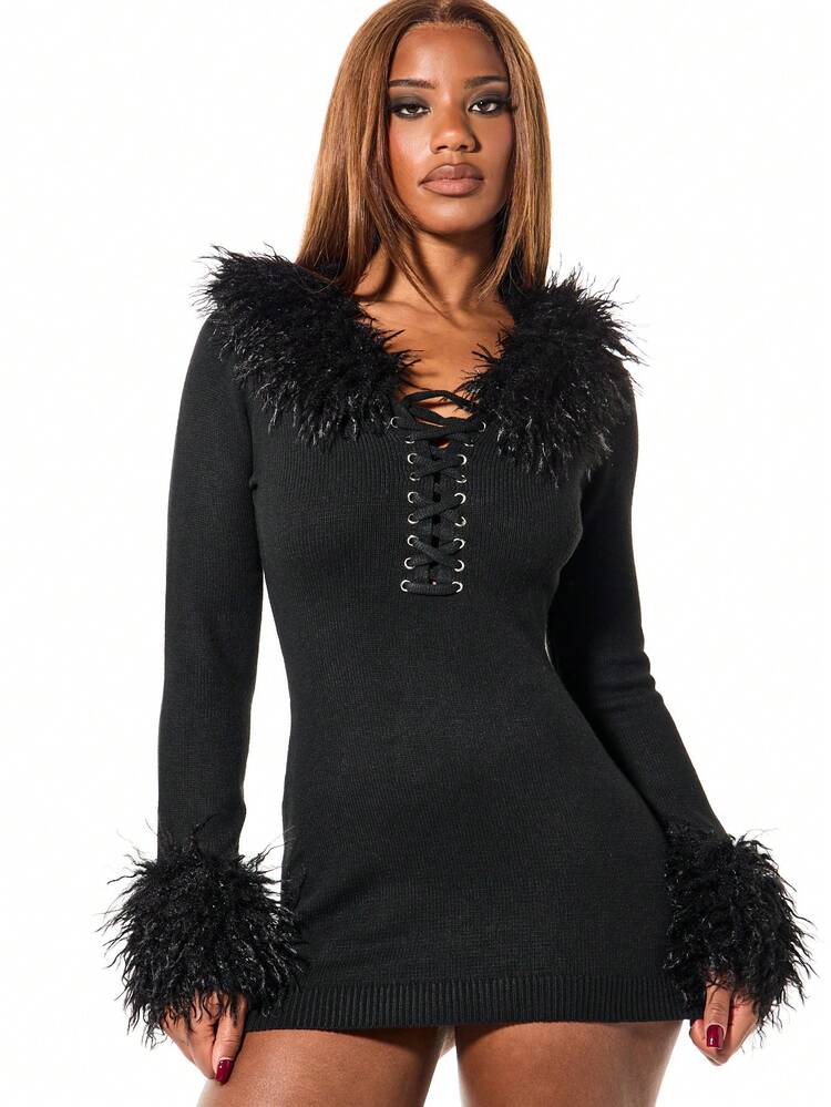 SUMWON WOMEN Cable Knit Dress With Fur Trim And Lace Up Detail