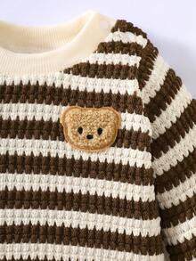 SHEIN 新生男宝宝黑白条纹圆领长袖泰迪熊图案上衣，搭配同色裤子，时尚休闲，简约可爱