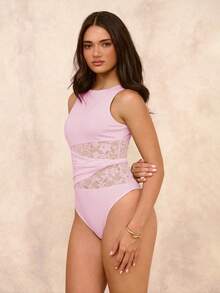 SHEIN BAE Women's Solid Color Lace Patchwork Ruffle Crew Neck Sleeveless Bodysuit - Coral Pink - View 5