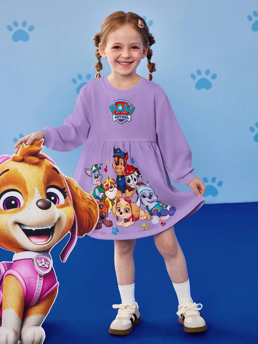 SHEIN | PAW Patrol Young Girl Cute Cartoon Puppy Print Round Neck Lantern Sleeve Loose Smock Dress, Casual Commuting, Suitable For Spring/Autumn - Purple - View 1