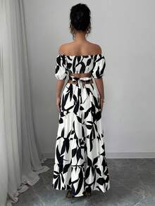 Elenzga Váy hở vai buộc dây hở vai đi nghỉ dành cho nữ (Họa tiết hoa) - Đen và trắng - Xem 2