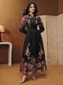 Anewsta Spring/Autumn New Floral Print Lapel Long Sleeve Waist Fit Flare Hem Women Dress - Multicolor - View 5