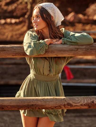 WESTFADE Tie Neck Button Front Smocked Waist Crepe & Floral Lace Mixed Media Long Sleeve Tiered Ruffle Fit & Flare Mini Dress Winter, Boho, Casual, Cute, Holiday, Christmas Outfit, NYE, New Years, Western Wear For Women