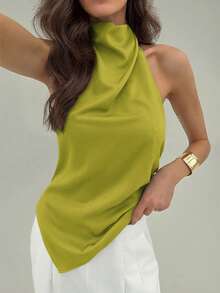 Aloruh Women's Solid Color Halter Backless Asymmetric Hem Sleeveless Top - Olive Green - View 6